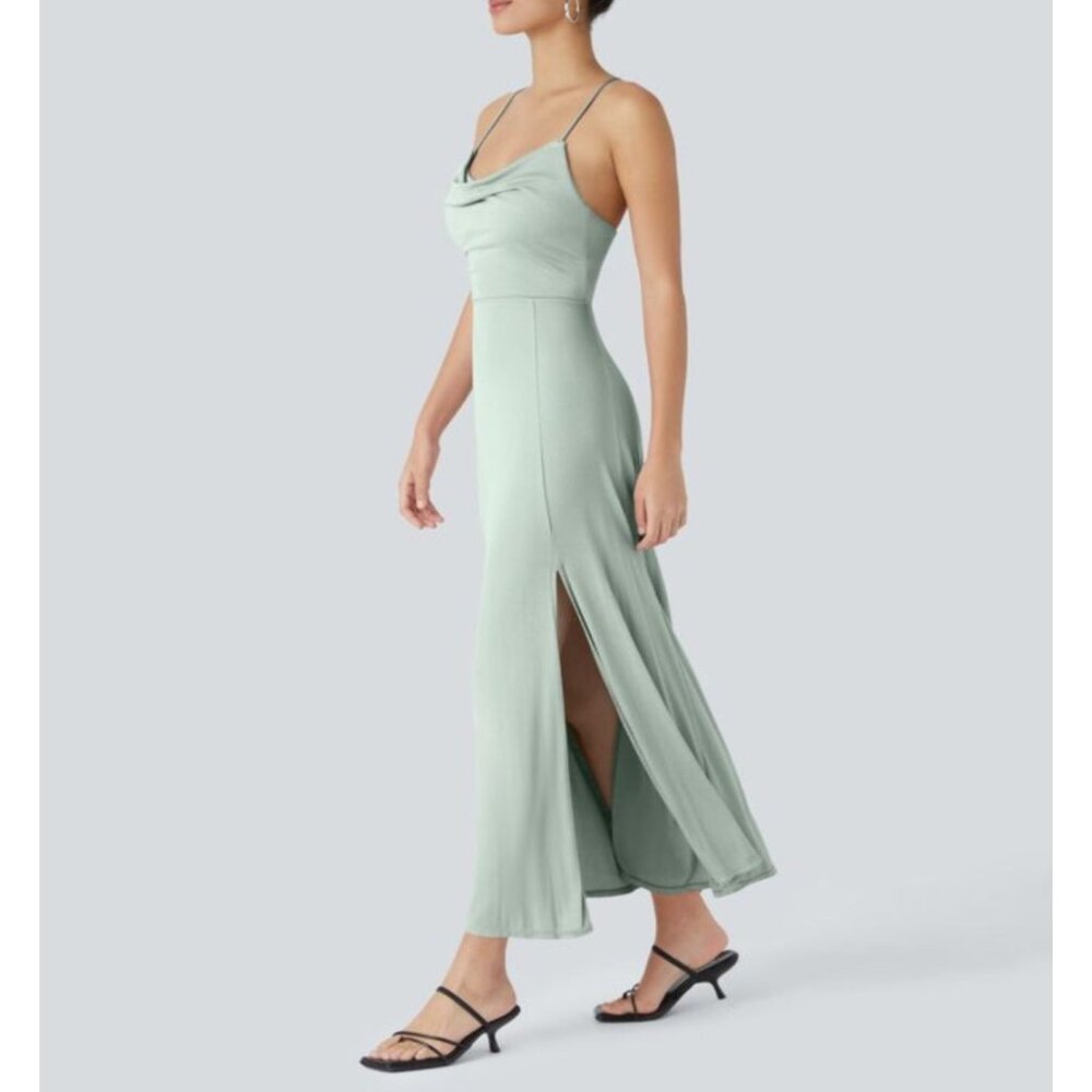 Halara Ribbed Cowl Neck Backless Crisscross Lace Up Split Midi Party Dress Sz Me - Picture 2 of 14